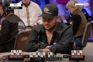 Michael Mizrachi heads up poker hand vs Daniel Negreanu with AK during showdown